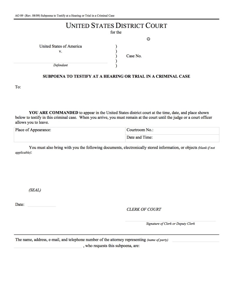 Example of a federal criminal subpoena